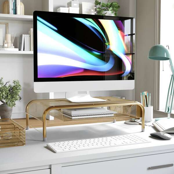 Martha Stewart Ryder Gold Mesh Metal Desktop Monitor Stand Riser with Organizer Drawer and Side Storage HH-OHD04-GLD-MS